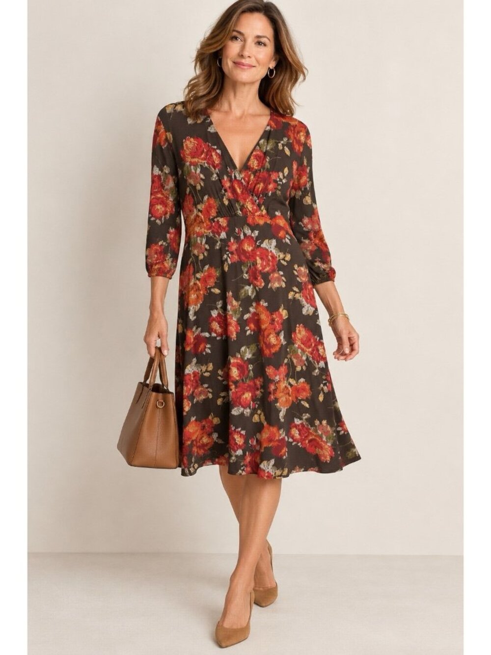 J Jill Dress Women Medium Brown Floral Crossover V Neck Minimalist Stretch